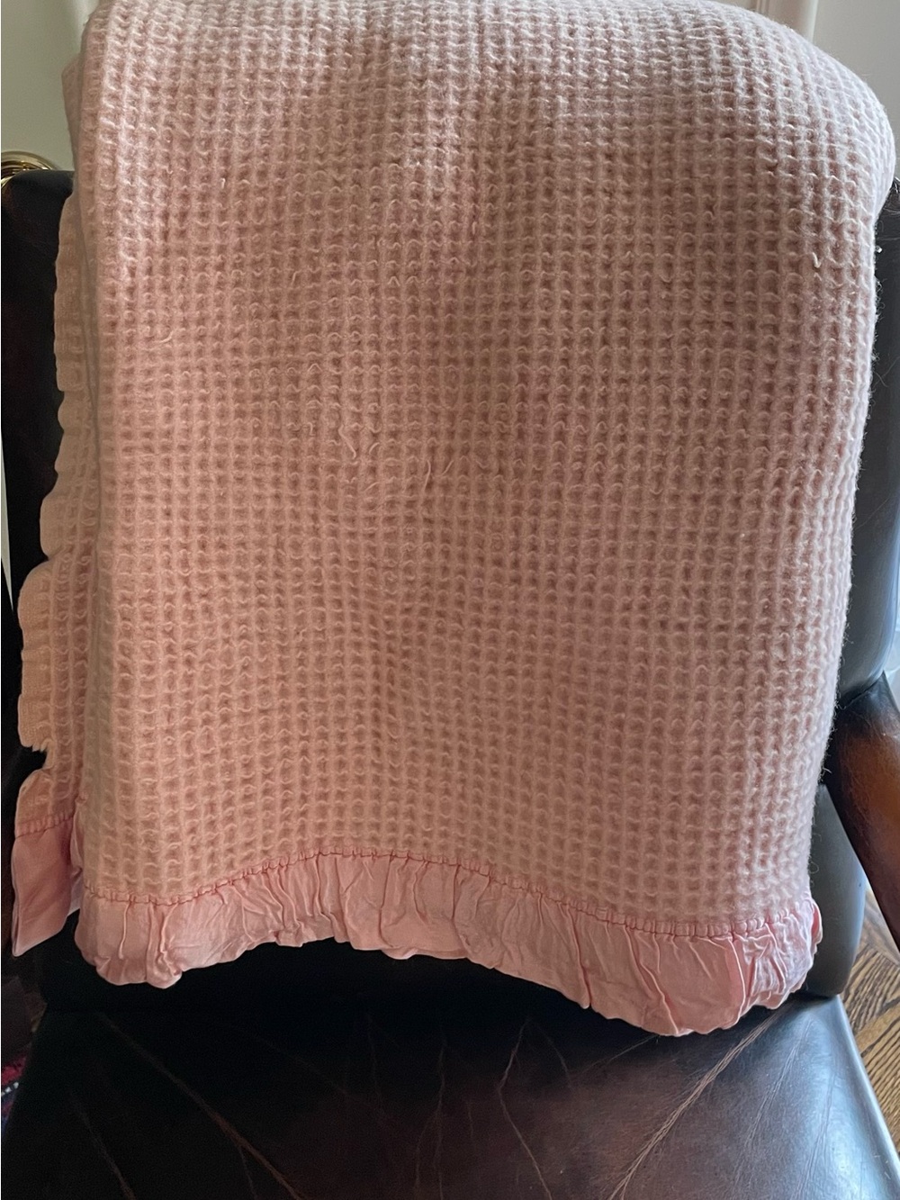 Vintage Merino Waffle Weave Blanket | Blush Pink Peach & Cream | 178 × 170 cm